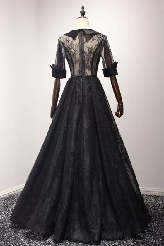 Black Long Ball Gown Lace Formal Dress Sleeved With V Neck - $169 # ...