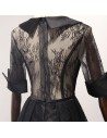 Black Long Ball Gown Lace Formal Dress Sleeved With V Neck - AKE18042
