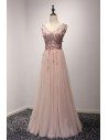 Unique Long Pink V Neck Prom Dress With Floral Corset Bodice - AKE18041