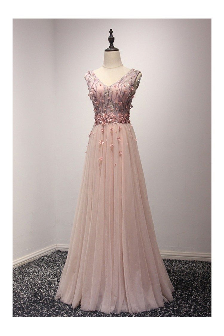 Unique Long Pink V Neck Prom Dress With Floral Corset Bodice - $149 # ...