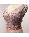 Unique Long Pink V Neck Prom Dress With Floral Corset Bodice - AKE18041