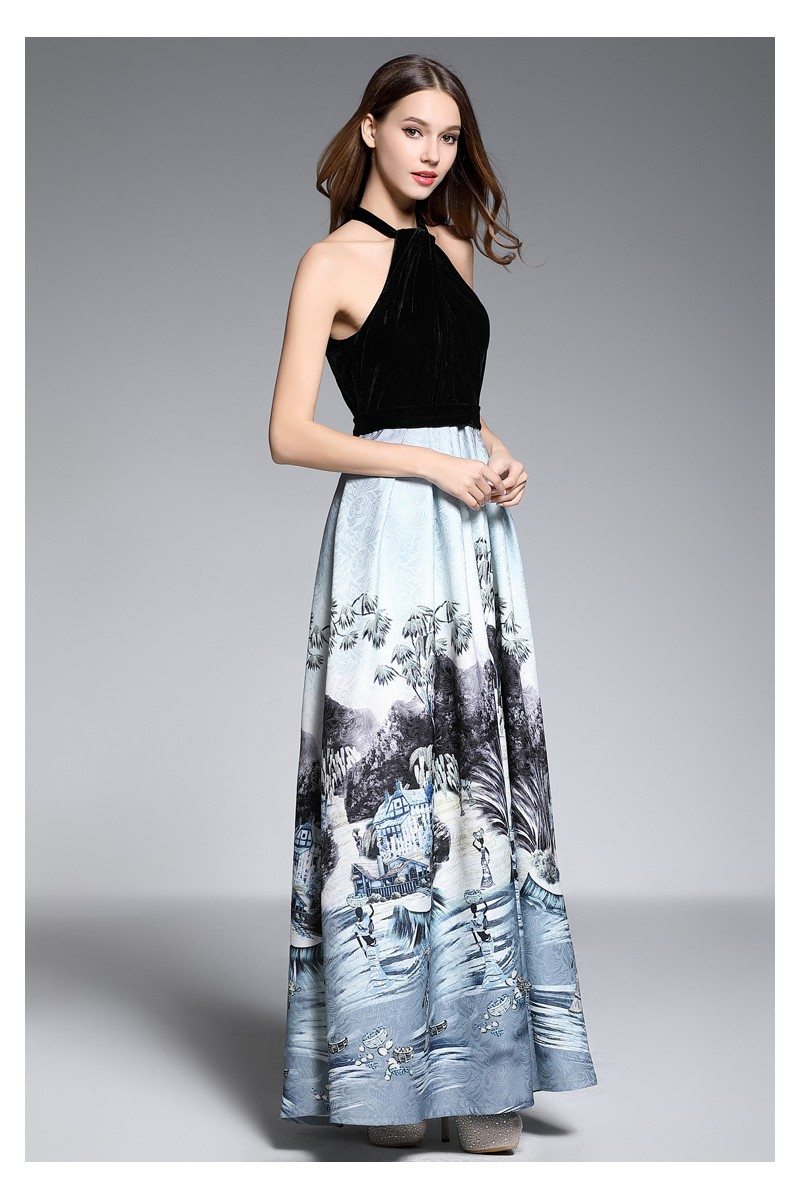 Long Halter Velvet Printed Formal Dress 92 CK606