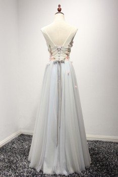 Corset Long Bluish-grey Tulle Formal Dress With Pink Floral Bodice - AKE18039
