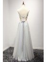 Corset Long Bluish-grey Tulle Formal Dress With Pink Floral Bodice - AKE18039