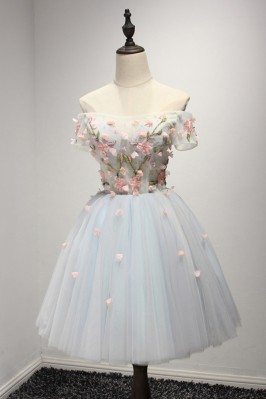 Short Grey And Pink Floral Homecoming Dress With Off Shoulder Sleeves - AKE18038