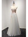 Elegant Long Grey With Pink Floral Prom Dress With One Shoulder Strap - AKE18036