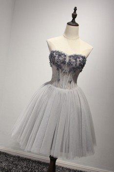 Short Grey Strapless Prom Dress In Tulle With Sparkly Beading Bodice - AKE18035