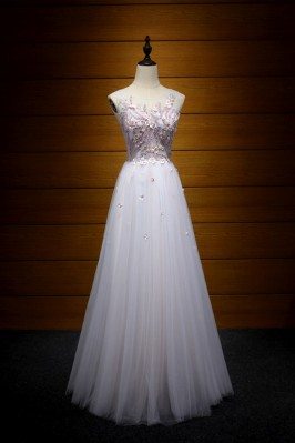 A Line Long Corset Pink Prom Dress With Unique Applique Lace - AKE18034