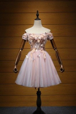 Unique Short Applique Lace Homecoming Dress Pink With Off Shoulder Sleeves - AKE18033