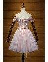 Unique Short Applique Lace Homecoming Dress Pink With Off Shoulder Sleeves - AKE18033