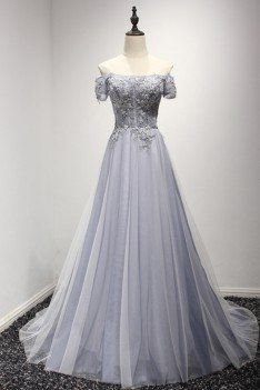 Grey Blue Long Beaded Prom Dress With Off The Shoulder Sleeves - AKE18031