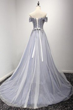 Grey Blue Long Beaded Prom Dress With Off The Shoulder Sleeves - AKE18031