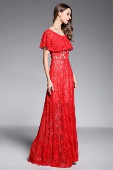 Long Red See-through Ruffle Neckline Formal Gown - CK602