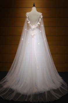 Princess Nude Pink Long Prom Dresss With Train And Puffy Sleeves - AKE18029