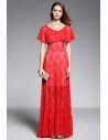 Long Red See-through Ruffle Neckline Formal Gown