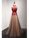 Modest Black And Red High Neck Prom Dress Long With Floral Beading - AKE18025
