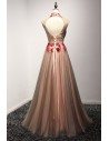 Modest Black And Red High Neck Prom Dress Long With Floral Beading - AKE18025