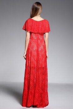 Long Red See-through Ruffle Neckline Formal Gown - CK602