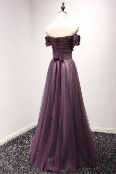 Off The Shoulder Purple Corset Prom Dress Long With Short Sleeves - AKE18024