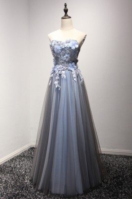 Strapless Long Tulle Prom Party Dress With Special Floral Bodice - AKE18023