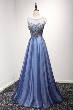 Unique Long Tulle Blue Formal Dress With Sparkly Beading - AKE18022