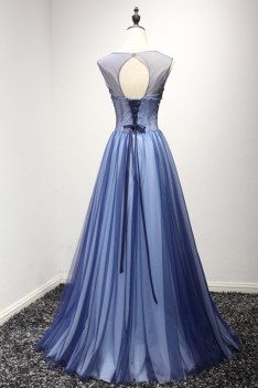 Unique Long Tulle Blue Formal Dress With Sparkly Beading - AKE18022