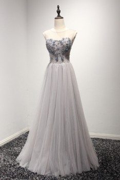 Long Grey Shining Prom Dress Simple With Beading - AKE18021