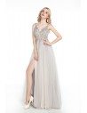 Sparkly Fitted Long Silver Prom Dress Sweetheart With Slit Front - AKE18018