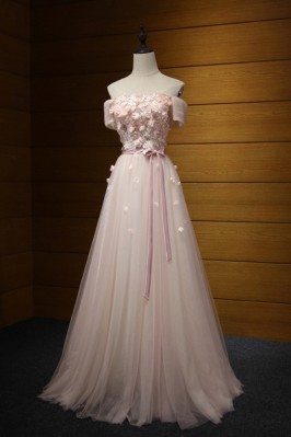 Off The Shoulder Long Pink Prom Dress With Floral Short Sleeves - AKE18017