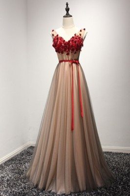Unique Long Floral Beaded Formal Dress With Sweetheart Neck - AKE18016