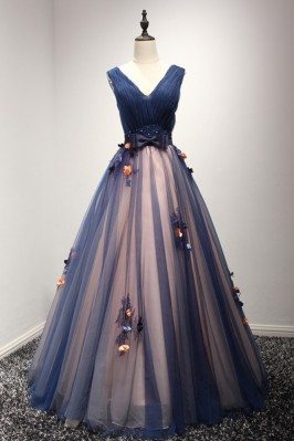 Ball Gown Long Blue Prom Party Dress With Flowers For Girls - AKE18015