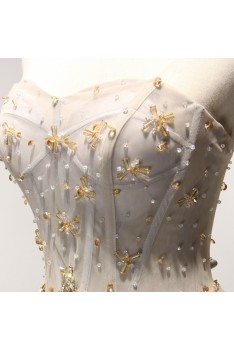 A Line Champange Long Prom Dress With Beading Sweetheart Neck - AKE18014