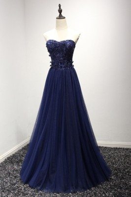 Strapless Long Navy Blue Formal Dress With Lace Corset Back - AKE18013