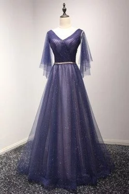 Sparkly Puffy Tulle Long Blue Prom Dress With Sweetheart Sleeves - AKE18012