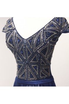 Sparkly Navy Blue Long Formal Dress With Beading Corset Back - AKE18011