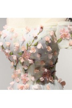 Special Off The Shoulder Prom Dress With Sleeves Pink Flowers - AKE18010