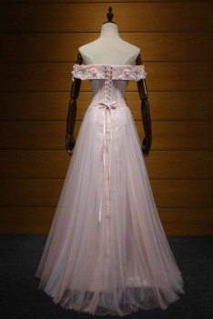 Off The Shoulder Pink Prom Dress With Applique Lace Flowers - AKE18008