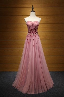 Princess Long Pink Prom Dress Strapless With Beading Flowers - AKE18005