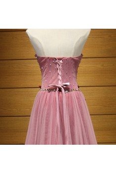 Princess Long Pink Prom Dress Strapless With Beading Flowers - AKE18005