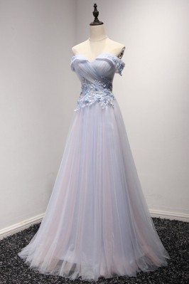 Off The Shoulder Tulle Prom Dress Long In Two Tune Colors - AKE18004