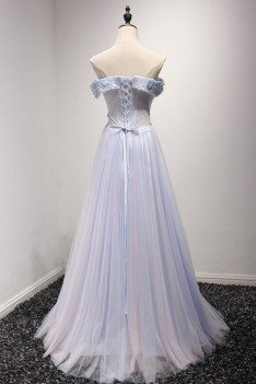 Off The Shoulder Tulle Prom Dress Long In Two Tune Colors - AKE18004