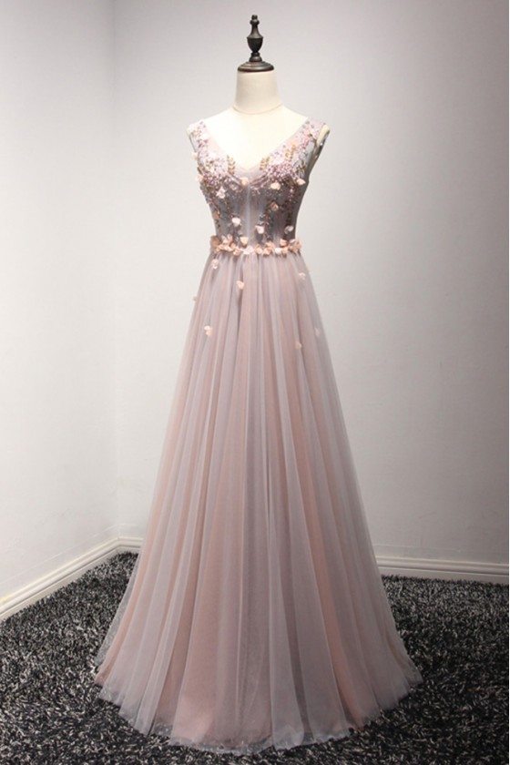 Long Floral Pink And Grey Prom Dress With Beading Sweetheart Neck - AKE18001