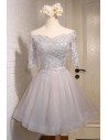 Vintage Grey Lace Short Homecoming Party Dress Off Shoulder With Sleeves - MDS17003