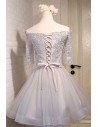 Vintage Grey Lace Short Homecoming Party Dress Off Shoulder With Sleeves - MDS17003