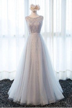Elegant Beaded Long Formal Prom Dress A Line Tulle Style - MDS17004