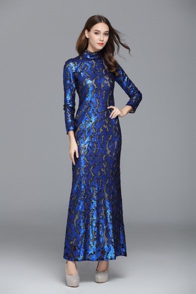 Sparkly Sequin Embroidery Long Sleeve Formal Dress