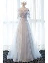 Gorgeous Long Tulle Formal Prom Dress With Lace Half Sleeves - MDS17009