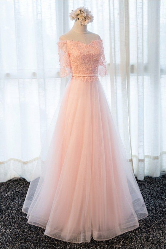 Gorgeous Long Tulle Formal Prom Dress With Lace Half Sleeves - MDS17009