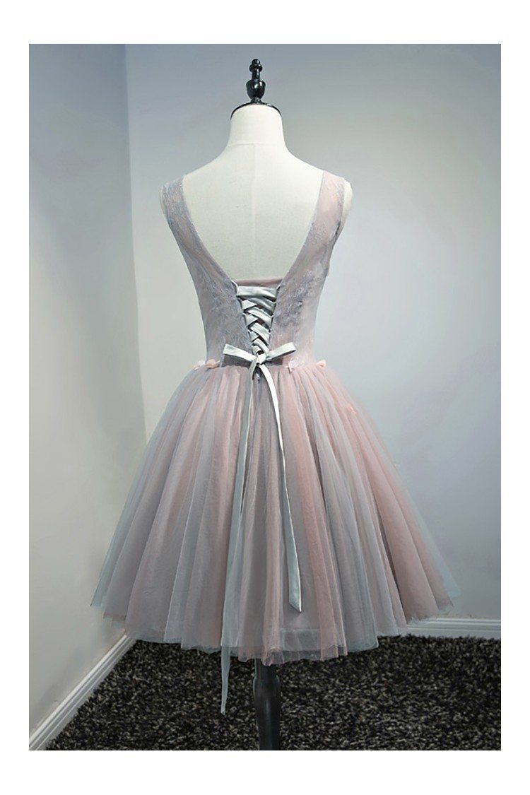 Unique Vintage Short Tulle Homecoming Prom Dress V-neck With Flowers ...