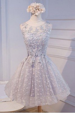 Short Grey Lace Tulle Homecoming Party Dress Sleeveless - MDS17019